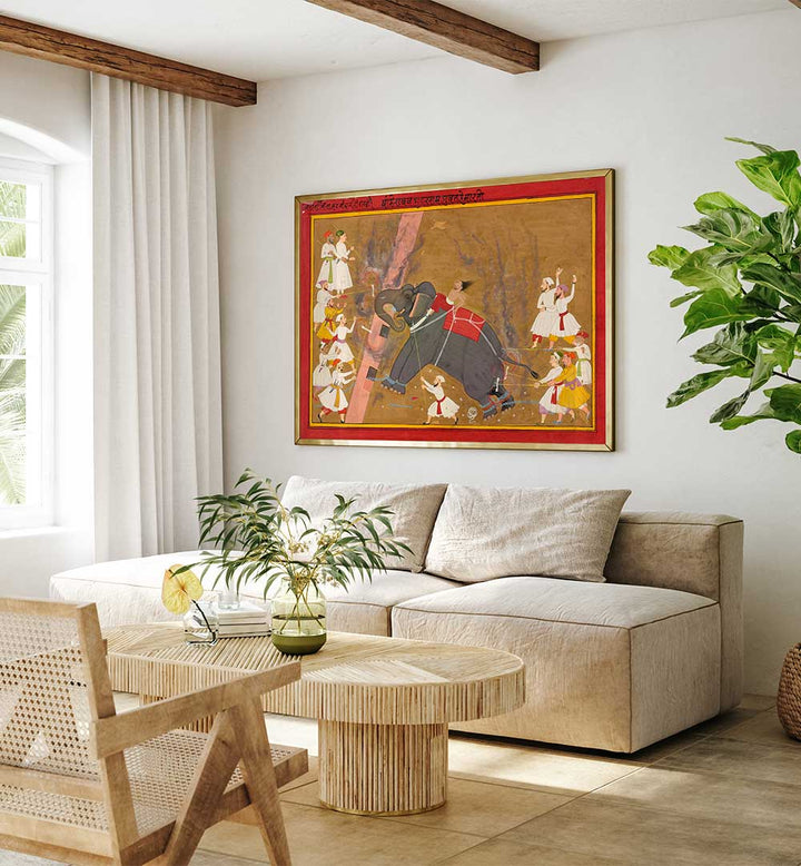 THE ELEPHANT KHANDERAO BAHADUR KILLING SHAM MAHAVAT , INDIAN ART PAINTINGS