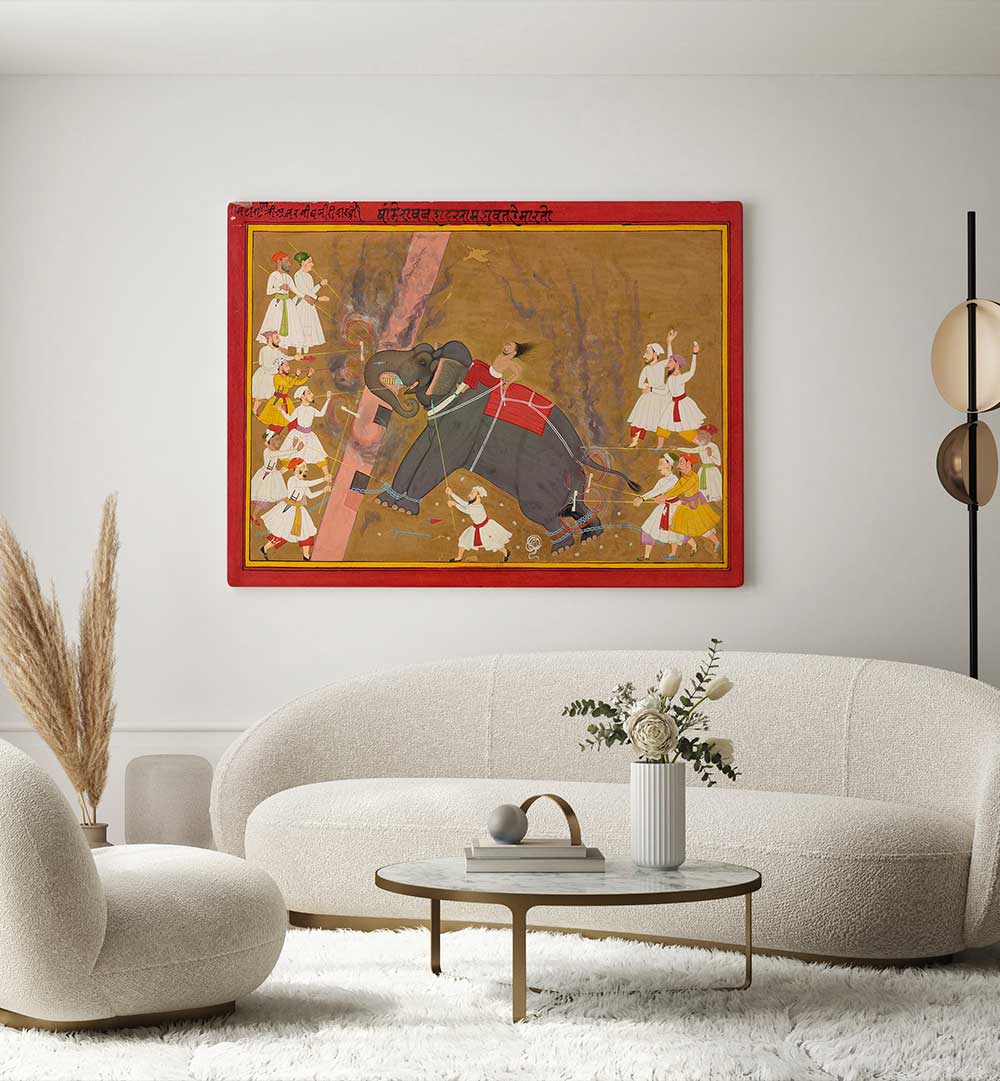 THE ELEPHANT KHANDERAO BAHADUR KILLING SHAM MAHAVAT , INDIAN ART PAINTINGS