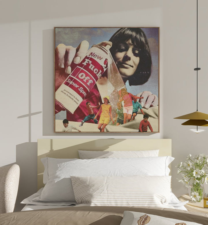 The F Off Super Spray Surreal Art Painting Artwork in oakwood floater frame behind a bed for bedroom