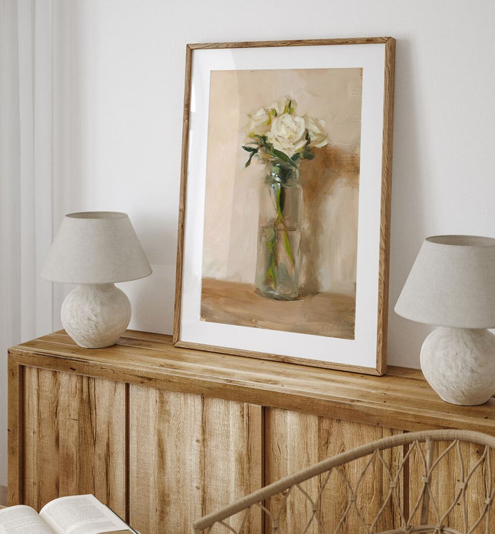 The Grace Of White Rose Vintage Art Painting Artwork in oakwood frame with mount above a console table in between two white lamps