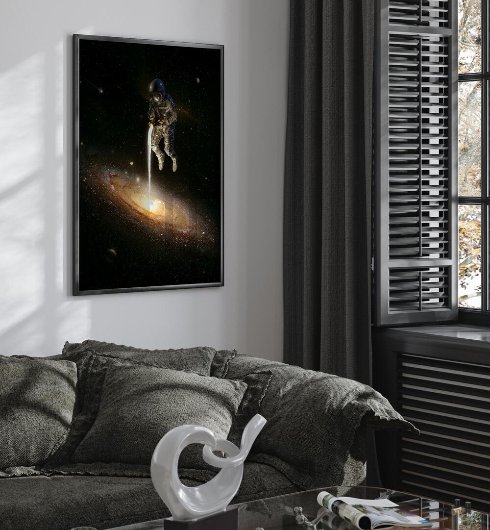 The Milky Way By Francis Minoza Astronaut & Nasa Paintings, Space Art Prints Artwork in Black Plain Frame placed on a White Colored Wall near a Dark Grey Sofa in the Living Room
