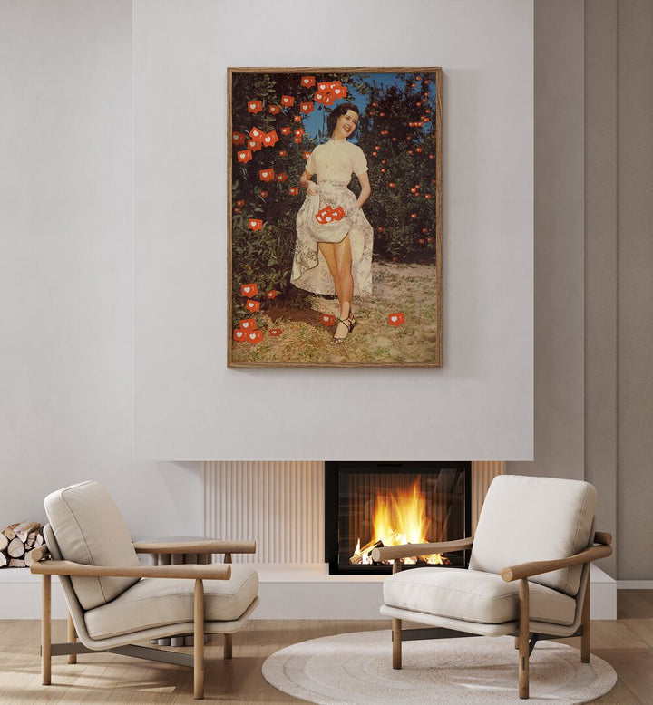 The Orchard Of Me Surreal Art Painting Artwork in plain oakwood frame above a fire place behind chair