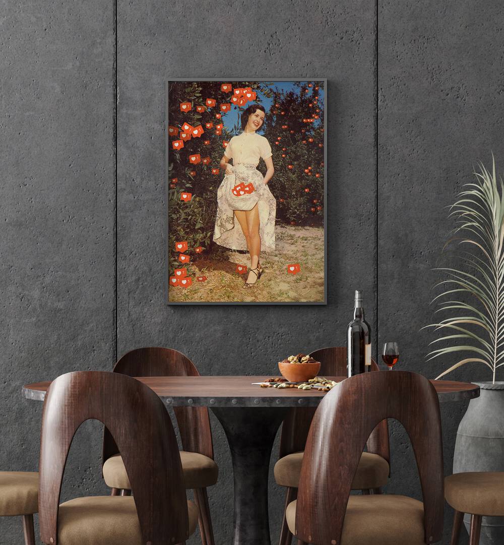 The Orchard Of Me Surreal Art Painting Artwork in plain black frame behind a dining table for dining area