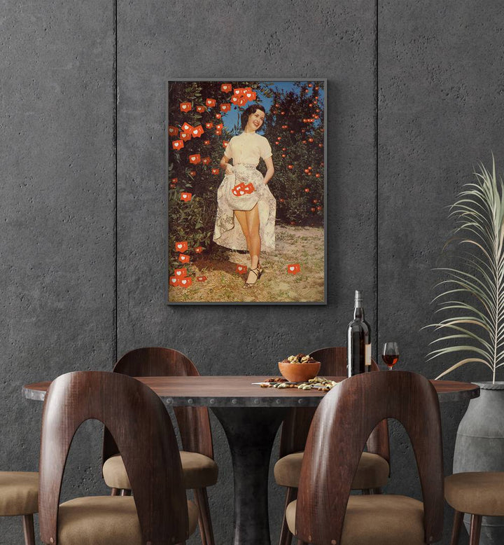 The Orchard Of Me Surreal Art Painting Artwork in plain black frame behind a dining table for dining area