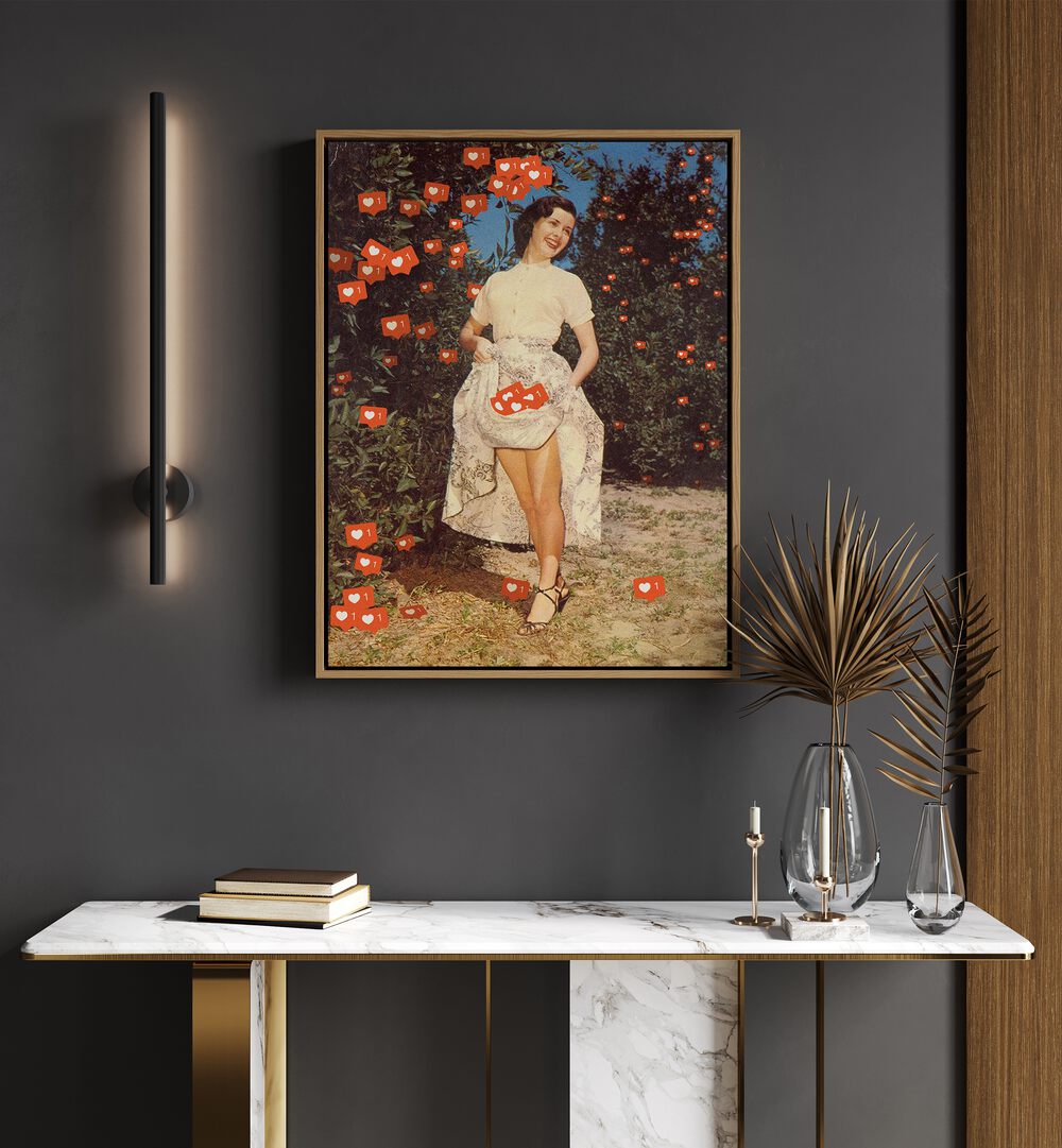 The Orchard Of Me Surreal Art Painting Artwork in oakwood floater frame above a table on a grey wall