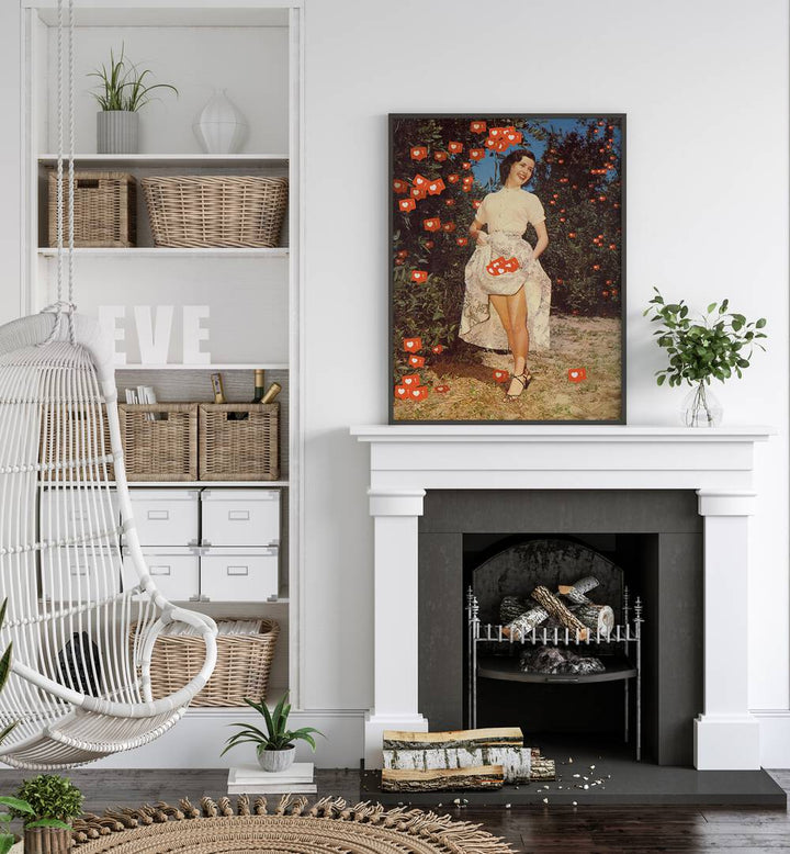 The Orchard Of Me Surreal Art Painting Artwork in plain black frame above a fire place beside a plant