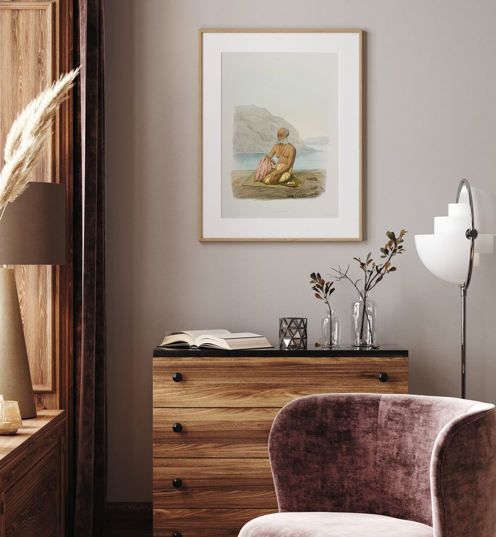 The Secret Prayer Artwork Indian Art Painting Artwork in oakwood frame with mount above a table in white wall