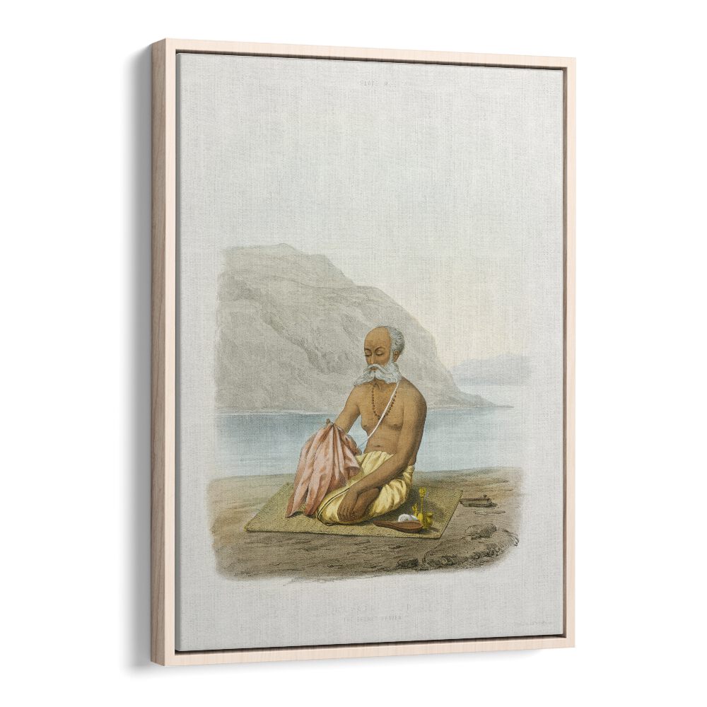 The Secret Prayer Indian art painting Artwork in Oak Wood Floater Frame