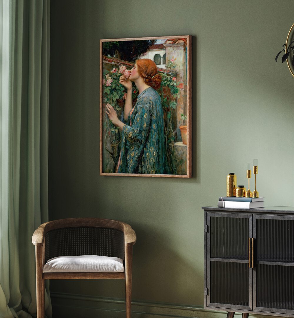 The Soul Of The Rose Vintage Art Painting Artwork in plain oakwood frame behind a chair on a green colour wall