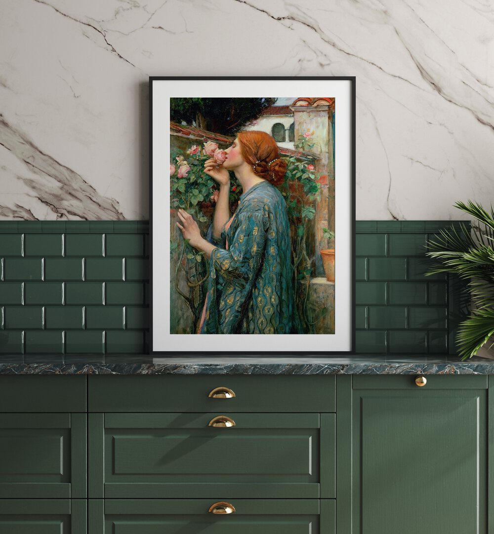 The Soul Of The Rose Vintage Art Painting Artwork in black frame with mount above a kitchen counter top beside a plant