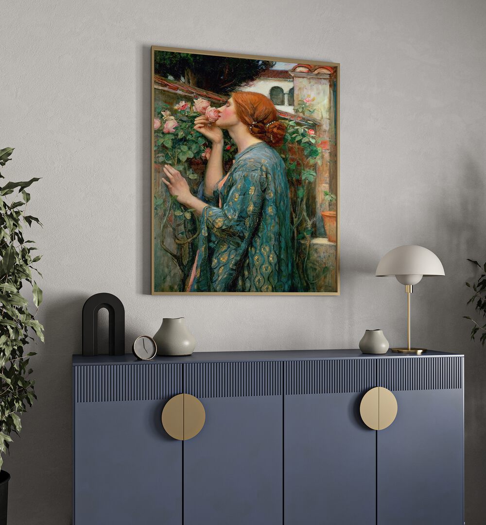 The Soul Of The Rose Vintage Art Painting Artwork in plain oakwood frame above a console table beside a plant