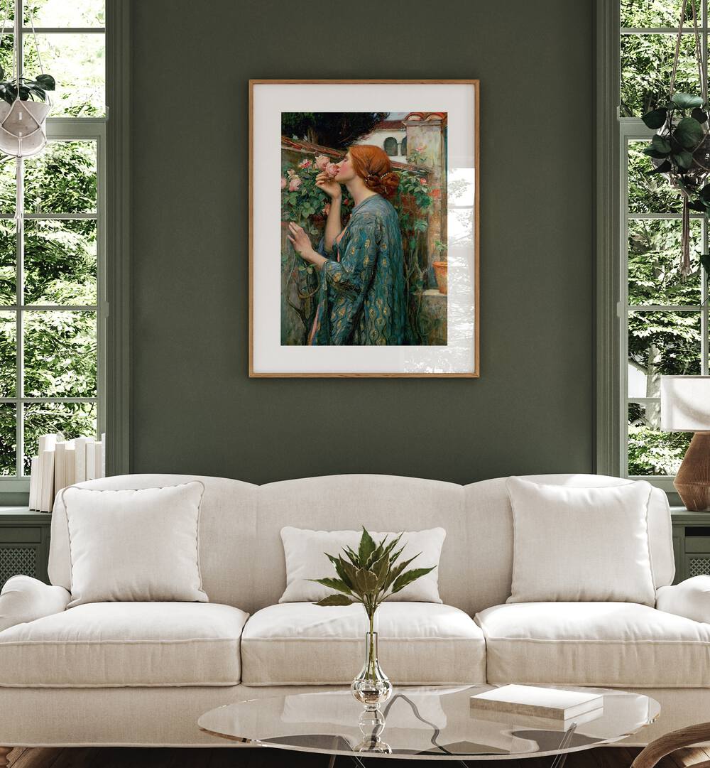 The Soul Of The Rose Vintage Art Painting Artwork in oakwood frame with mount behind a white sofa on a green wall for living room