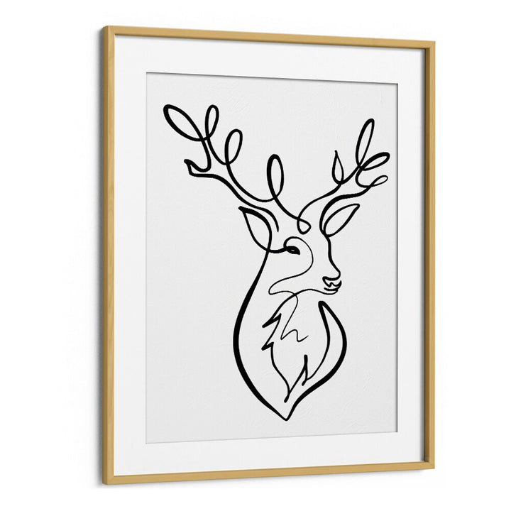 The Stag Line Art Artwork in Oak Wood Frame With Mount