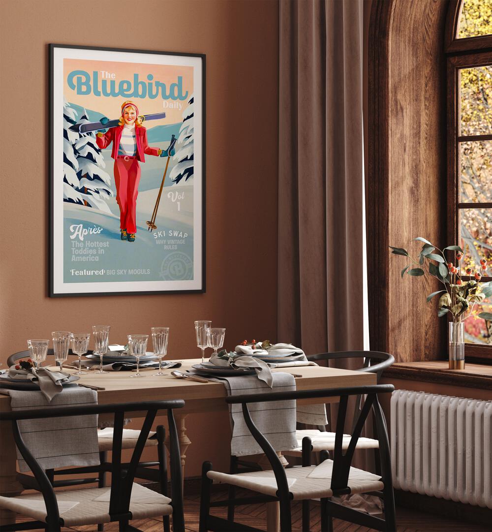 THE BLUEBIRD DAILY PINUP SKI ART ,WOMEN ILLUSTRATION PAINTINGS