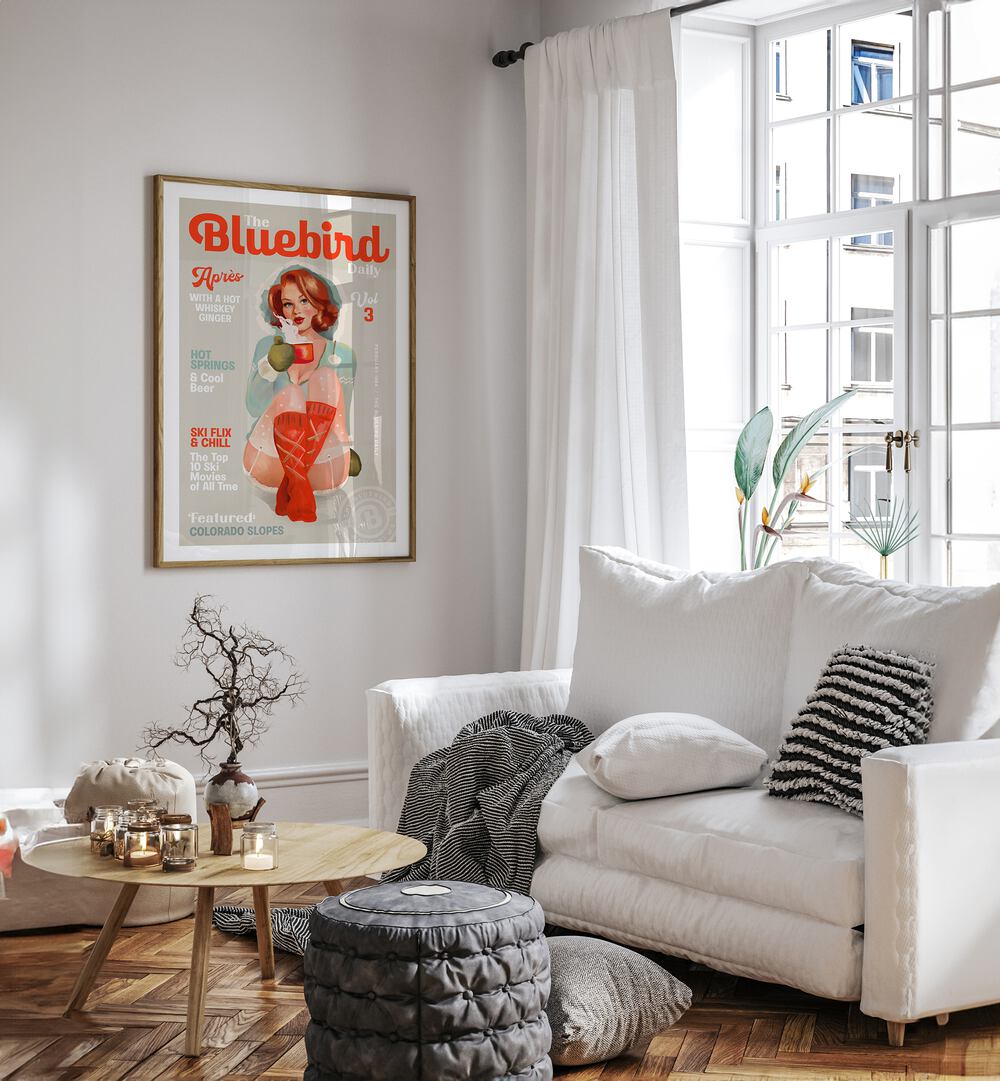 Stylish living room featuring BLUEBIRD SKI ART I, VINTAGE POSTERS, capturing retro charm and winter sports elegance.