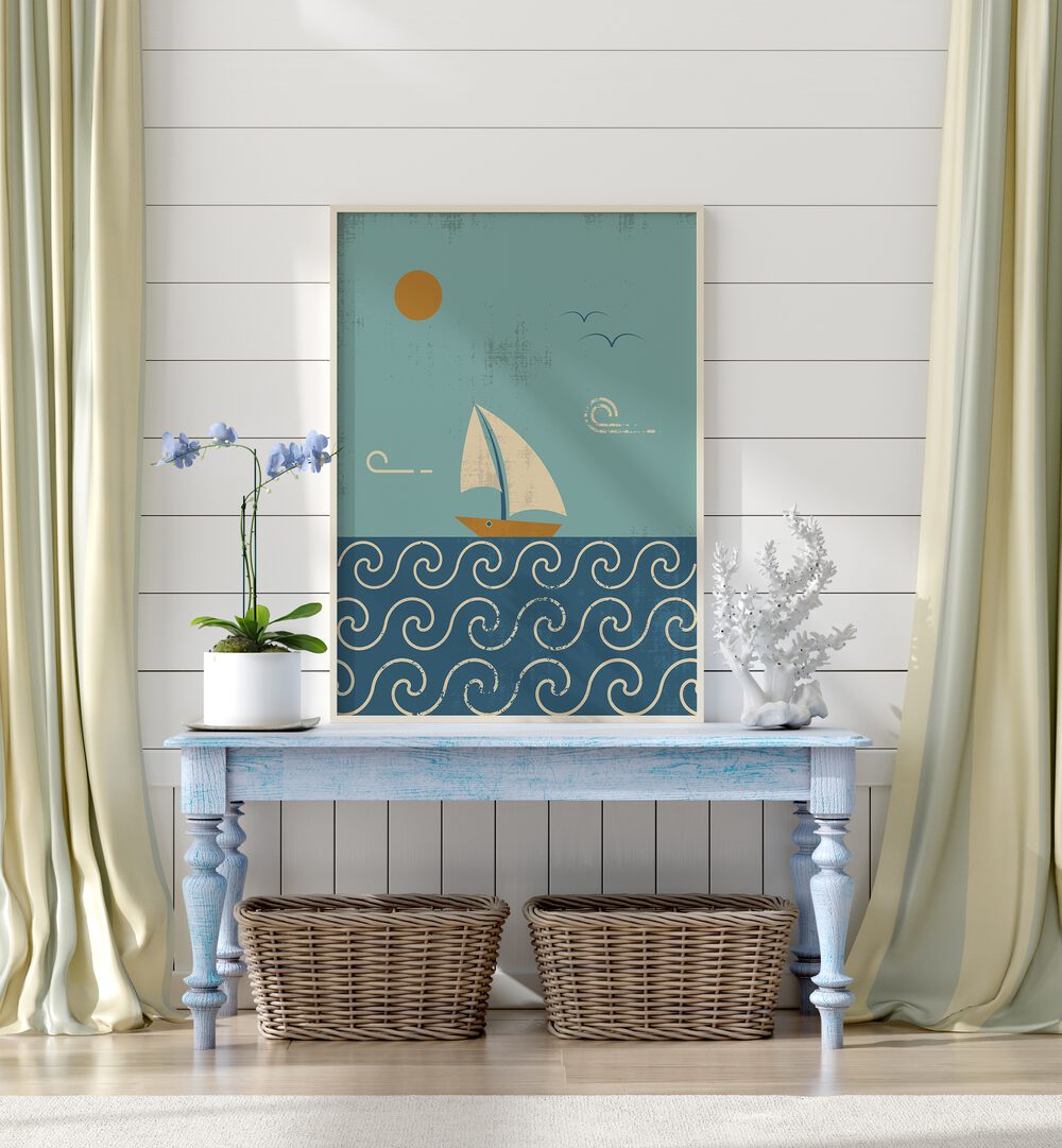 Stylish artwork of a sailboat on waves, perfect for your space. Explore THE BOAT, BEACH PAINTINGS collection.