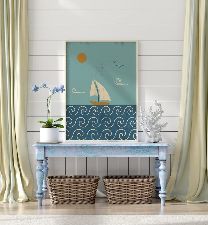 Stylish artwork of a sailboat on waves, perfect for your space. Explore THE BOAT, BEACH PAINTINGS collection.
