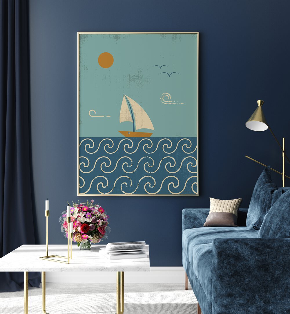 Colorful beach scene featuring a sailboat, perfect for showcasing THE BOAT, BEACH PAINTINGS in your home decor.