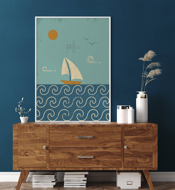 Stylish wall decor featuring THE BOAT, BEACH PAINTINGS with a serene sailing scene and ocean waves.