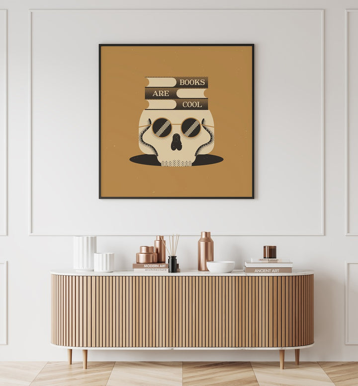 Stylish decor featuring "THE BOOKS ARE COOL, FASHION POSTERS" displayed above a modern sideboard. Perfect for trendy spaces.