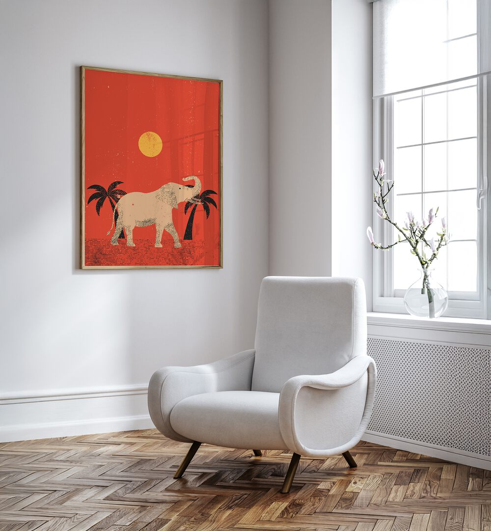 Stylish interior featuring "THE ELEPHANT, ANIMAL PAINTINGS" artwork, perfect for modern home decor.