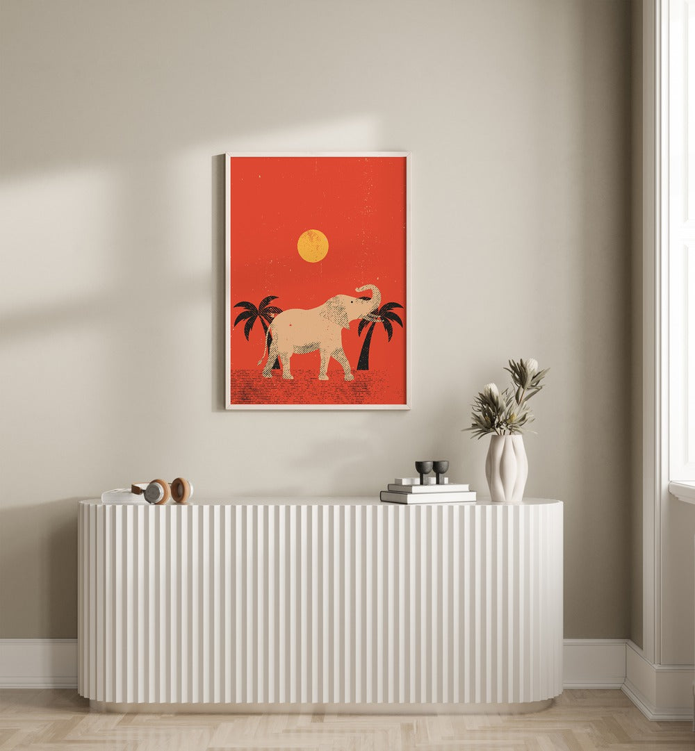 Stylish wall art featuring THE ELEPHANT, ANIMAL PAINTINGS with a vibrant sunset and tropical elements.