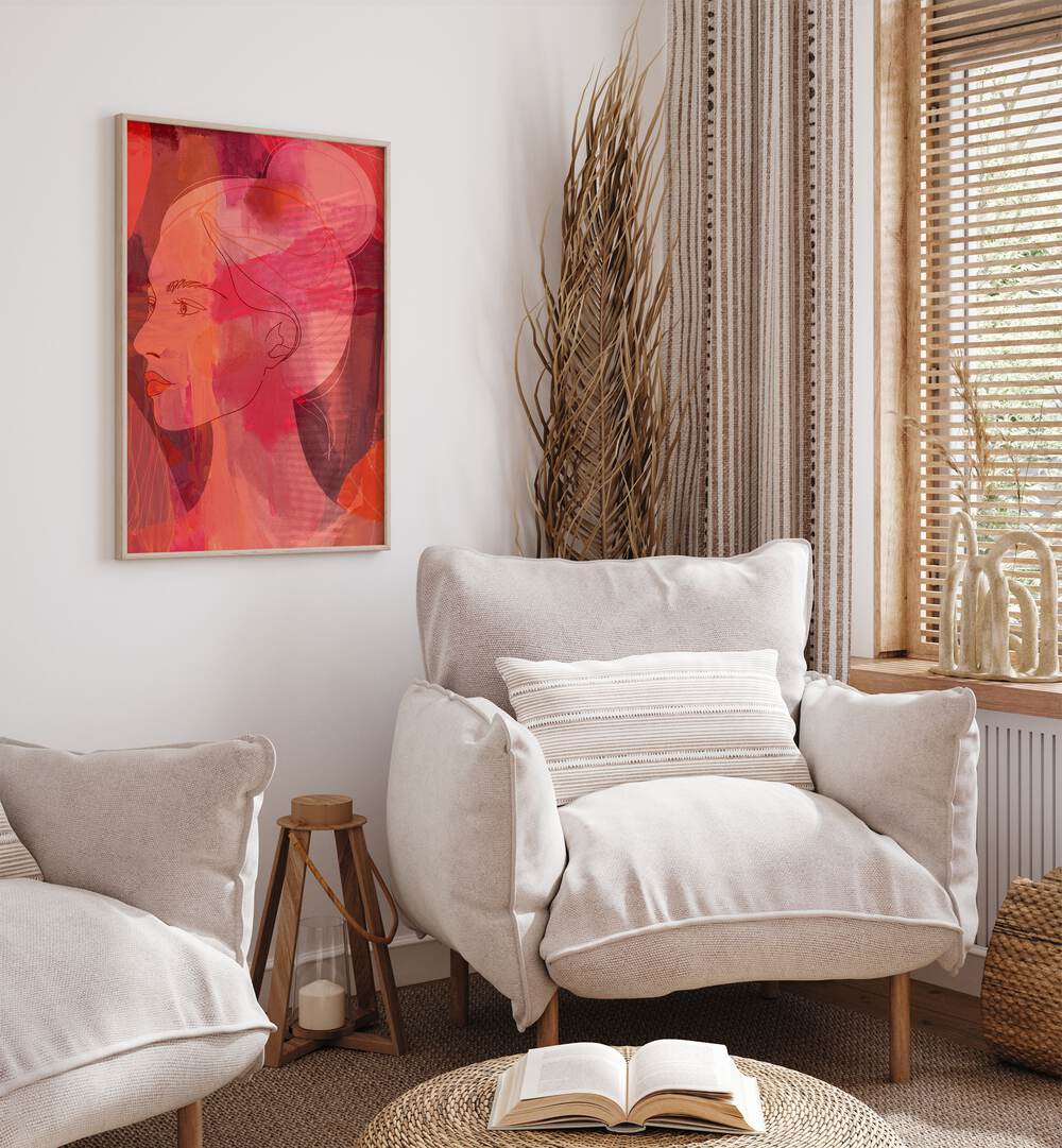 Stylish interior featuring THE FEMININE COSMIC SPIRIT I, PORTRAITS artwork, enhancing personal growth and divine energy.