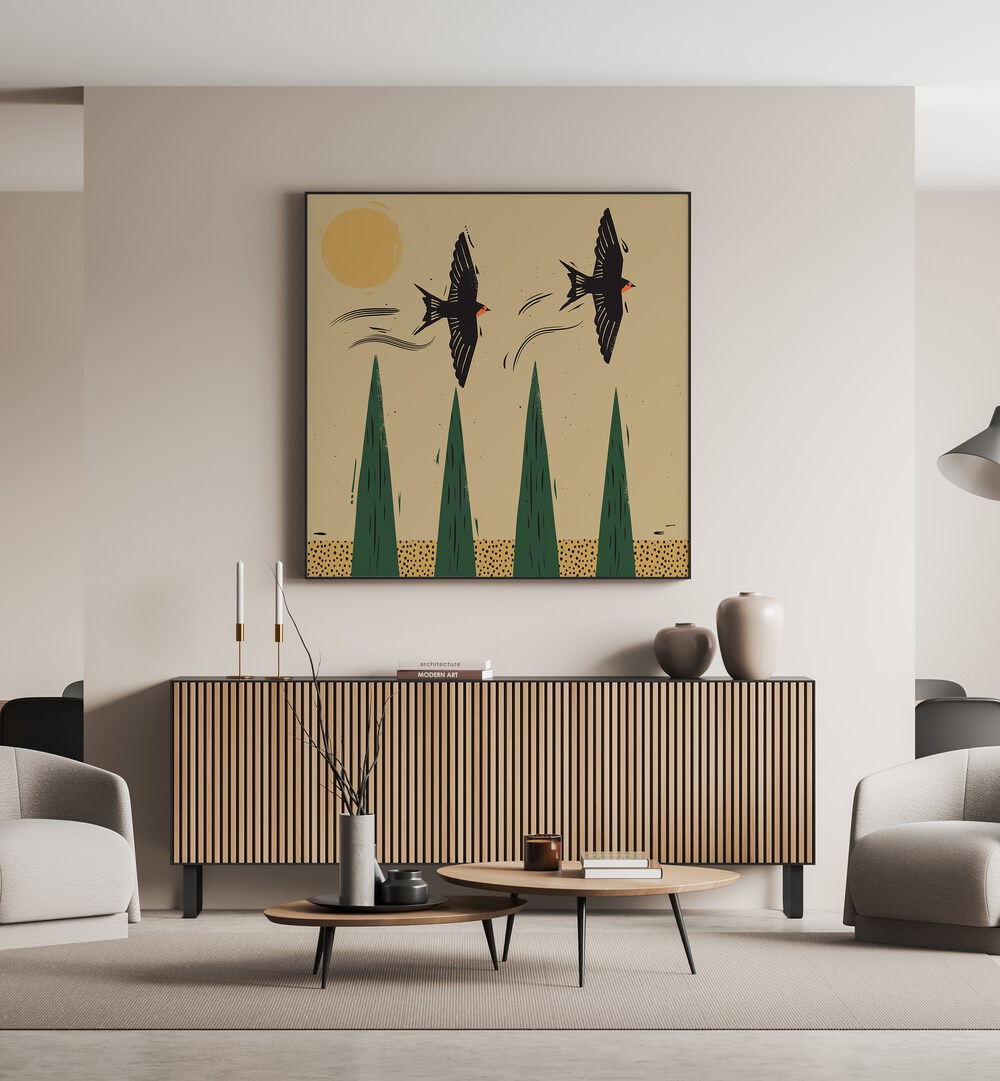 Stylish decor featuring 'THE FLIGHT, ANIMAL PAINTINGS' with birds and trees, perfect for modern spaces.
