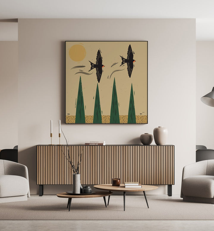 Stylish decor featuring 'THE FLIGHT, ANIMAL PAINTINGS' with birds and trees, perfect for modern spaces.