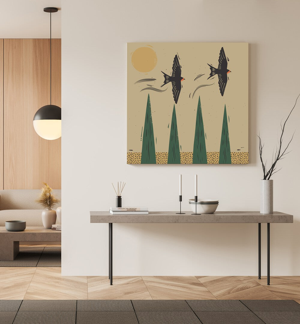 Stylish interior featuring "THE FLIGHT, ANIMAL PAINTINGS" with birds soaring above green trees and sunlit backdrop.