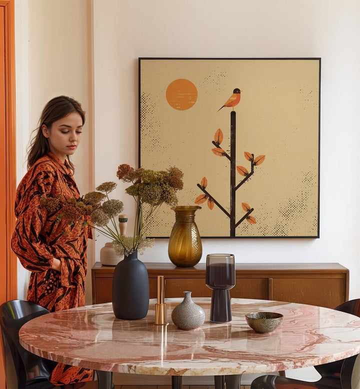 Stylish decor featuring THE MIGRATION, ANIMAL PAINTINGS above a dining table with flowers and elegant vases.