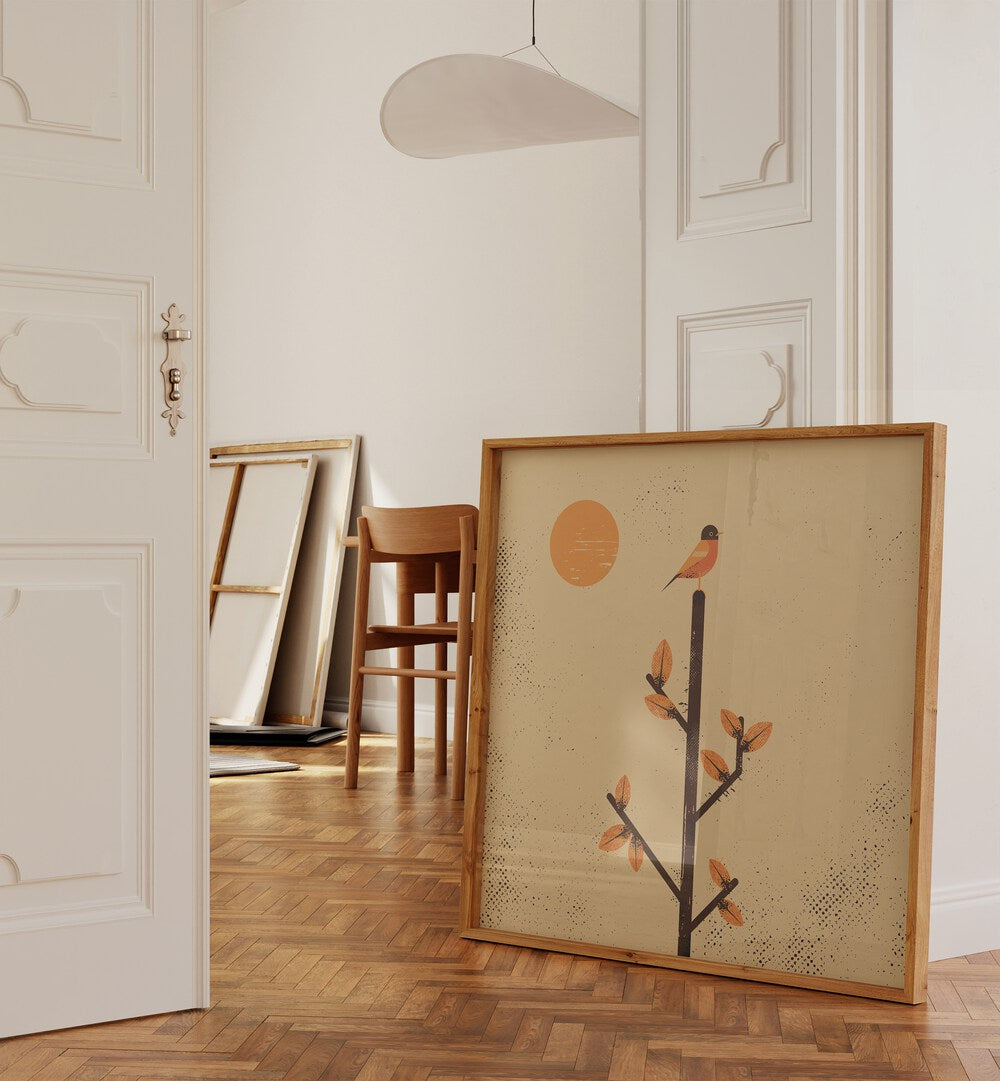 Stylish interior featuring THE MIGRATION, ANIMAL PAINTINGS framed art against a wooden floor and simple decor.