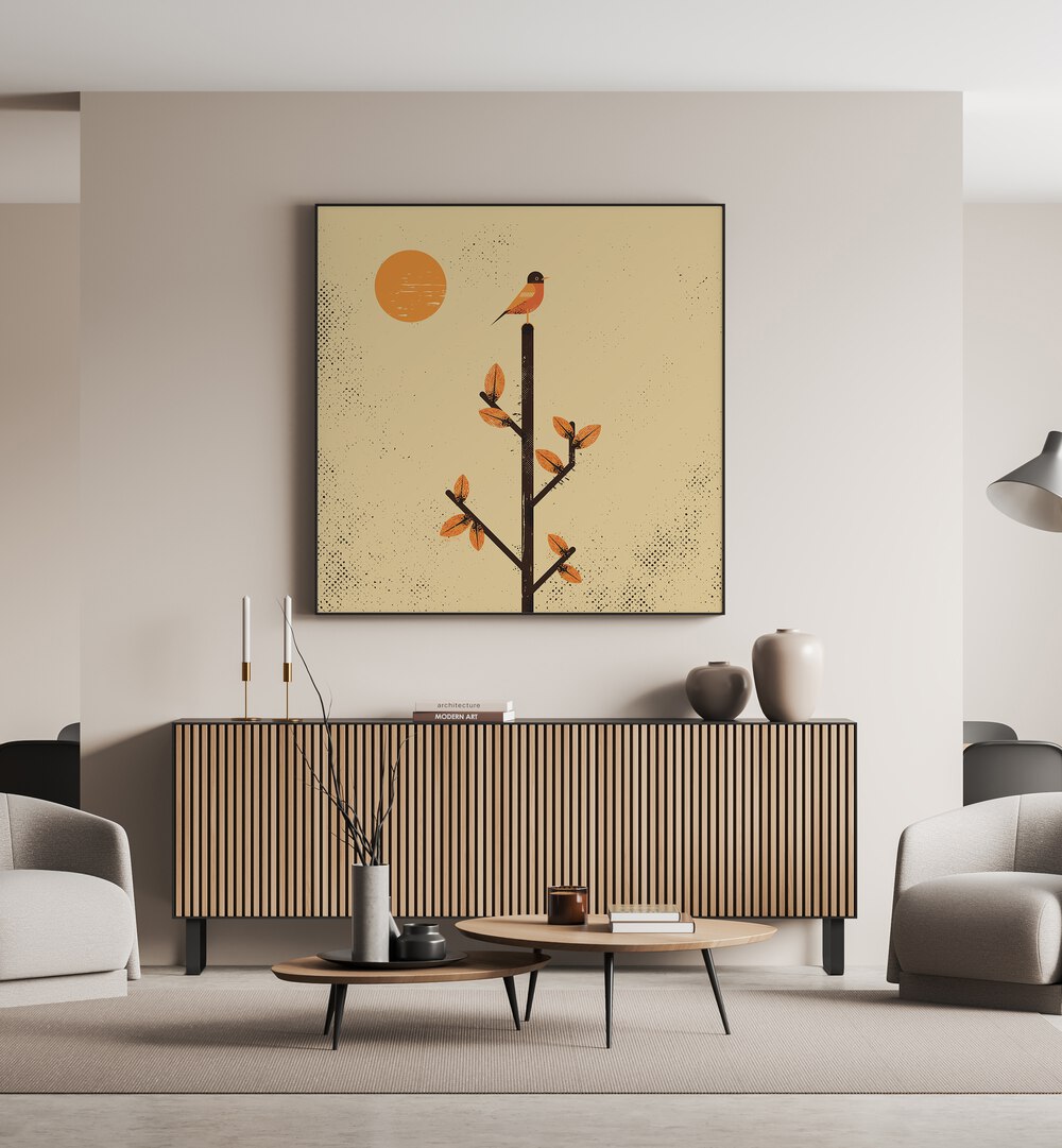 Stylish interior showcasing "THE MIGRATION, ANIMAL PAINTINGS" with birds perched on a tree against a warm backdrop.