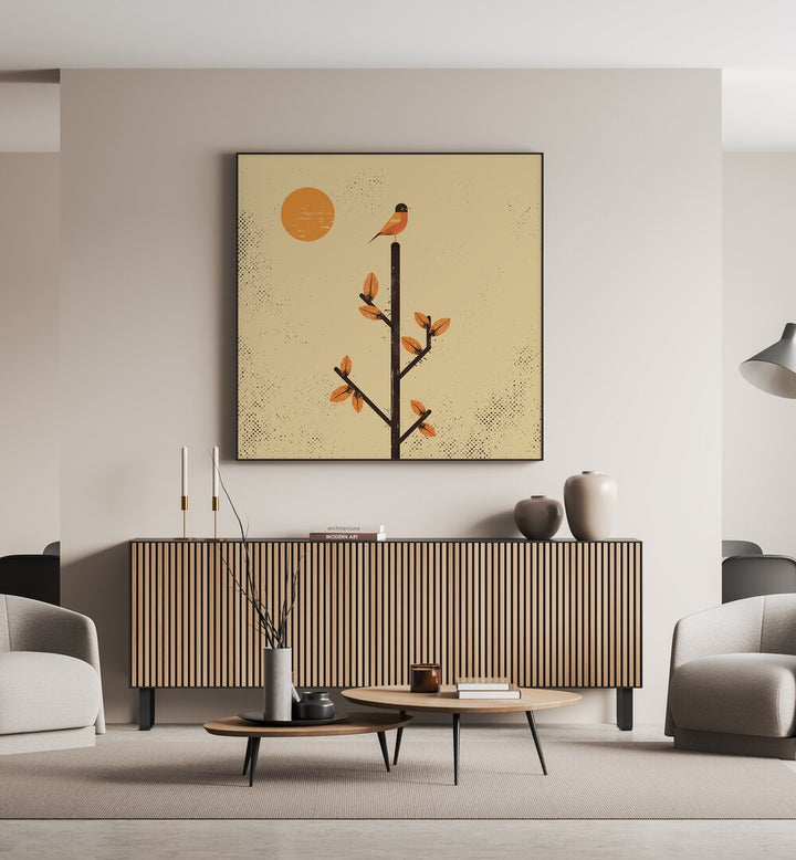 Stylish interior showcasing "THE MIGRATION, ANIMAL PAINTINGS" with birds perched on a tree against a warm backdrop.