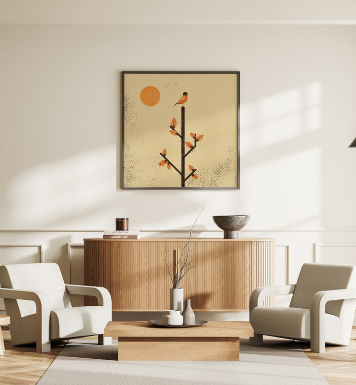 Stylish living room featuring "THE MIGRATION, ANIMAL PAINTINGS" with vibrant birds perched on a tree.