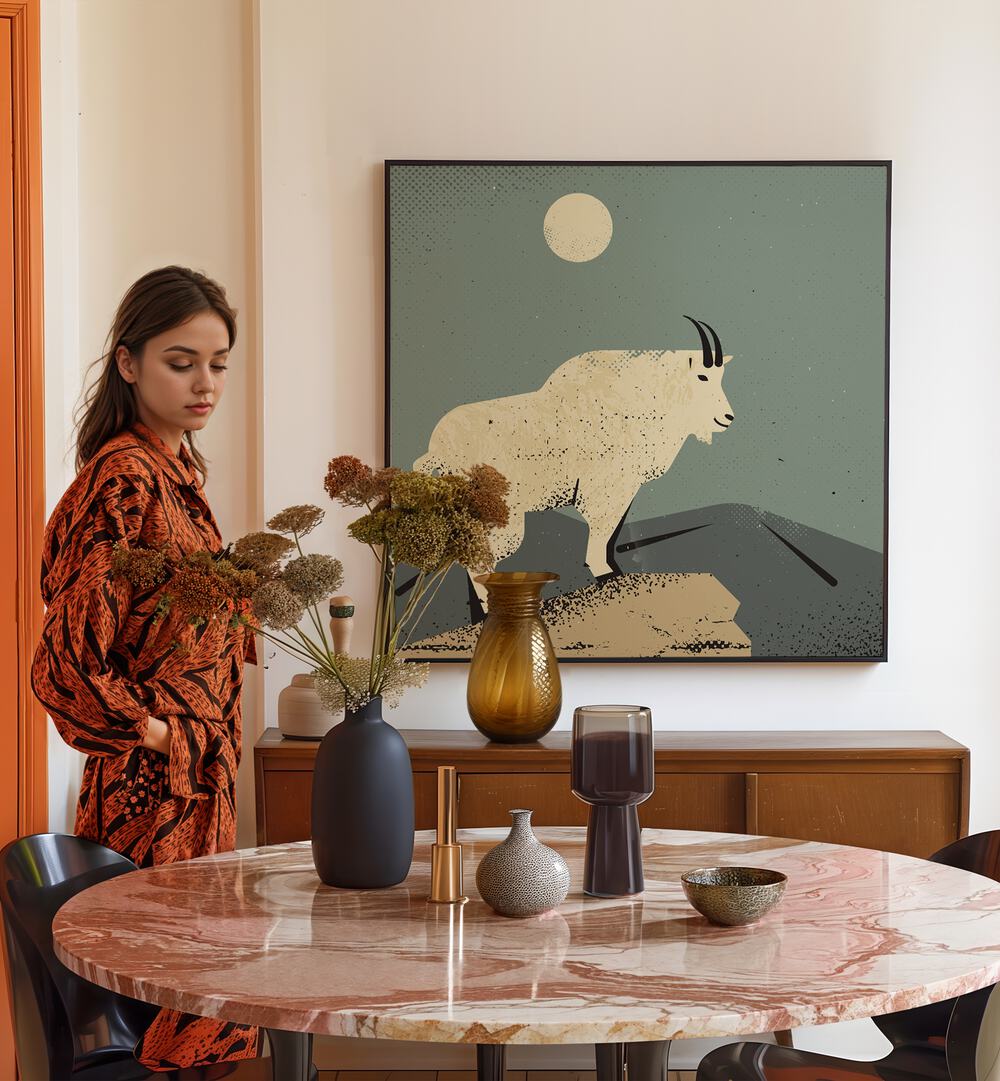 Stylish interior featuring THE MOUNTAIN GOAT, ANIMAL PAINTINGS, enhancing the modern decor with nature's beauty.