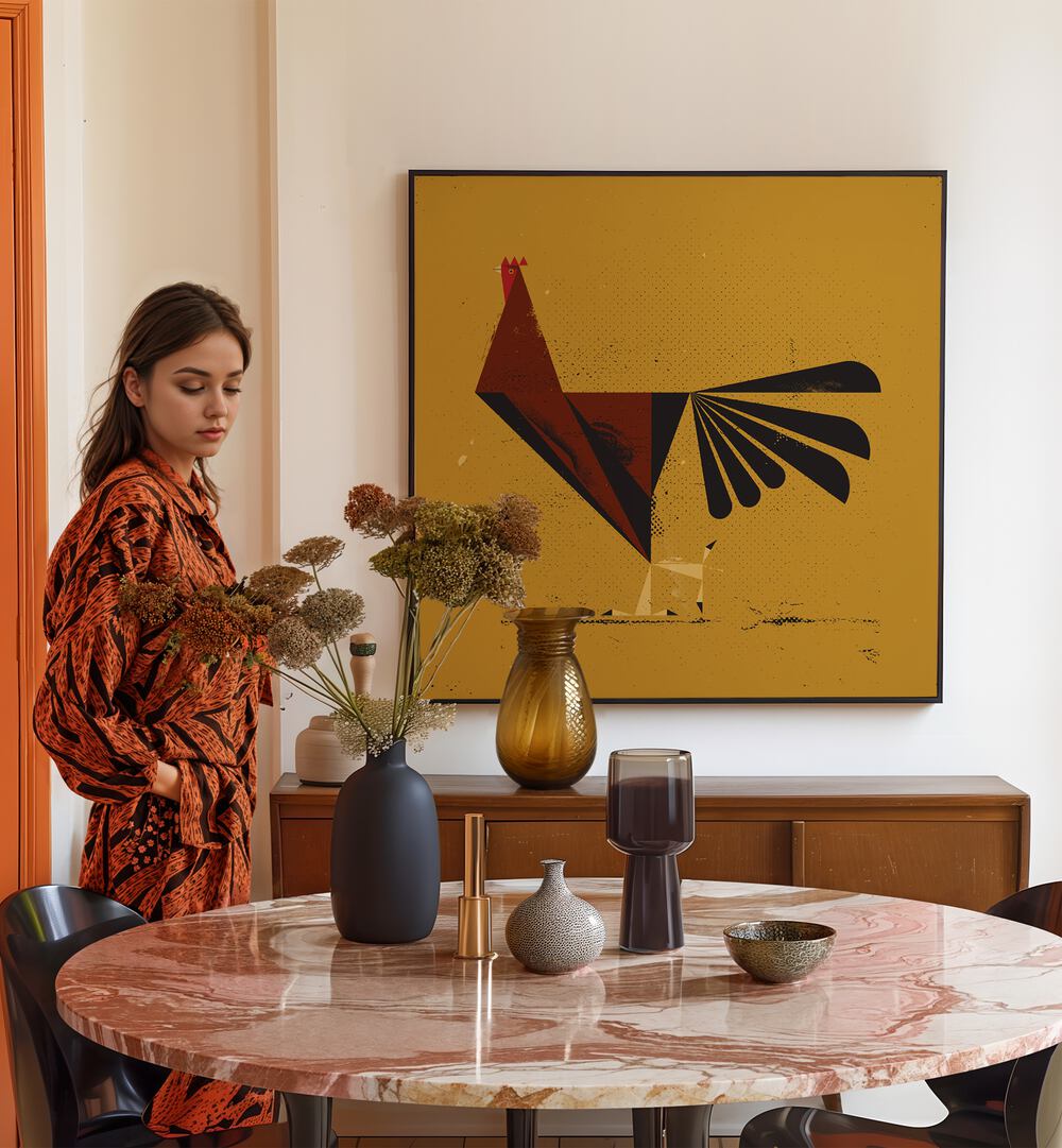 Stylish woman beside a vibrant "THE ROOSTER, ANIMAL PAINTINGS" artwork, enhancing modern home decor.