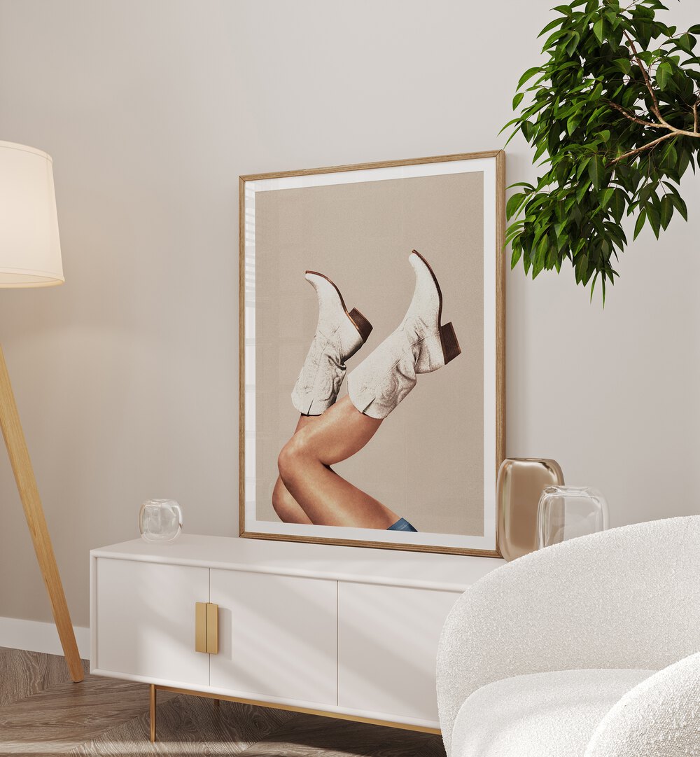 These Boots - Neutral Beige Surreal Art Painting Artwork in oakwood frame with mount above a console table beside a sofa