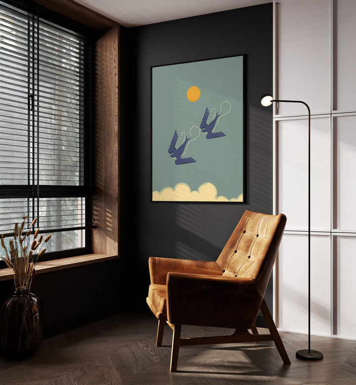 Stylish room featuring THE SWALLOWS, ANIMAL PAINTINGS, enhancing decor with vibrant artwork and modern design.
