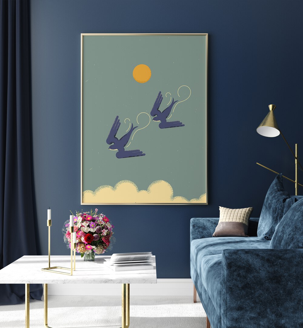 Vibrant artwork featuring swallows soaring in the sky, perfect for fans of THE SWALLOWS, ANIMAL PAINTINGS.