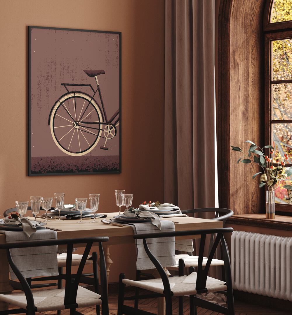 Stylish dining room featuring THE VINTAGE CYCLE, SPORTS POSTERS artwork on the wall, enhancing the decor.