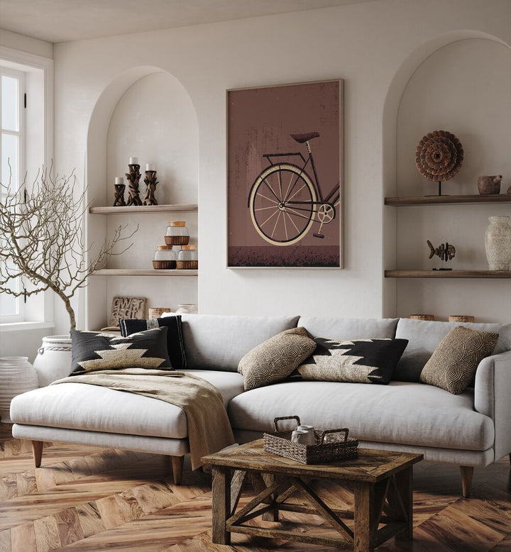 Stylish living room featuring THE VINTAGE CYCLE, SPORTS POSTERS art piece, enhancing home decor with vintage charm.