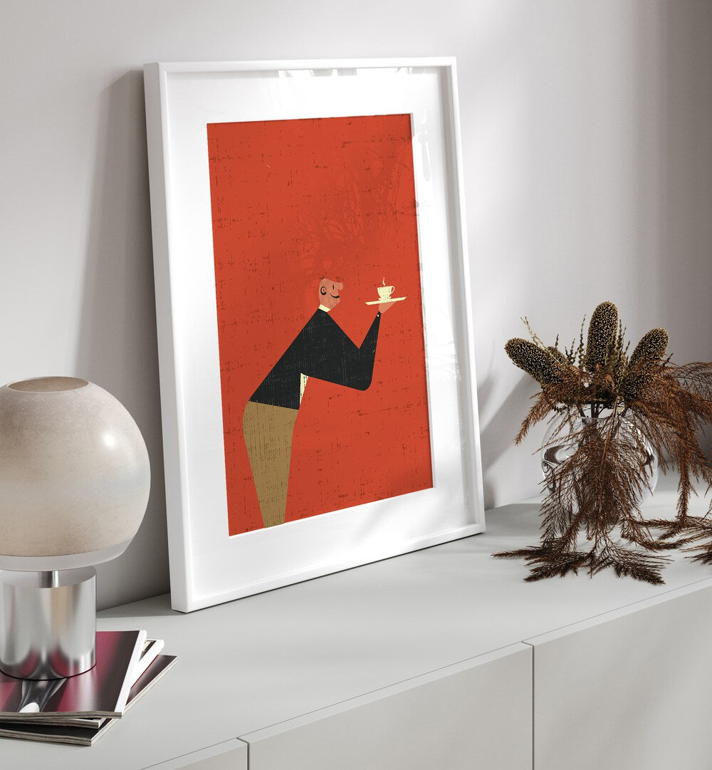 Framed art of a waiter serving coffee, perfect for enhancing the ambiance of THE WAITER, BAR & CAFE.