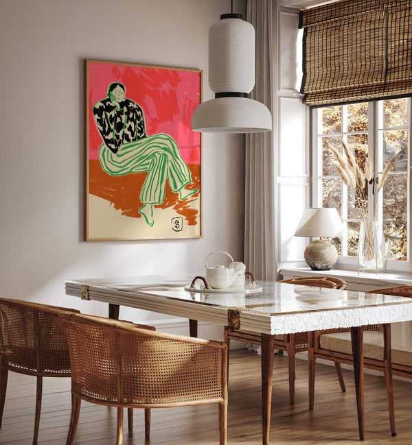 Stylish interior featuring a vibrant THINKING, PORTRAITS illustration, enhancing artistic expression in home decor.