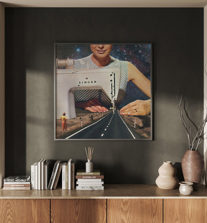 This Is How A Road Gets Made Surreal Art Painting Artwork in plain black frame above a console table on a grey wall