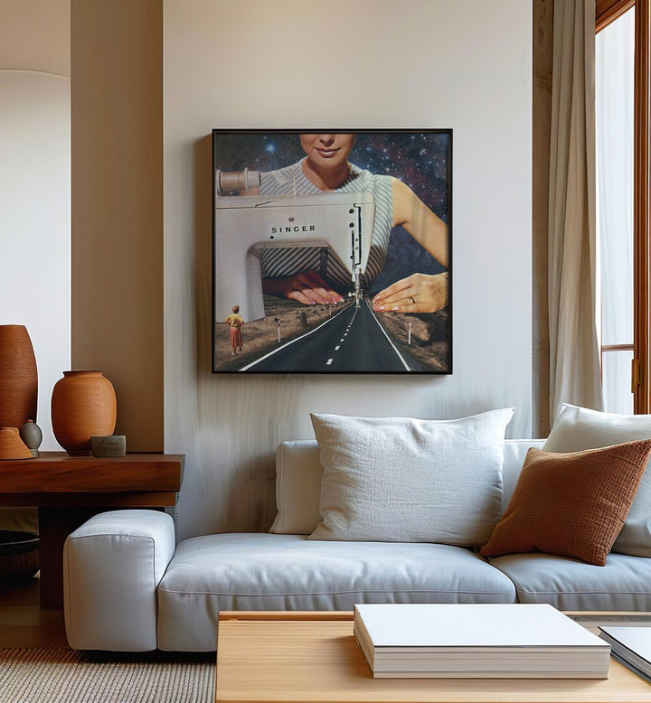 This Is How A Road Gets Made Surreal Art Painting Artwork in plain black frame behind a sofa for living room