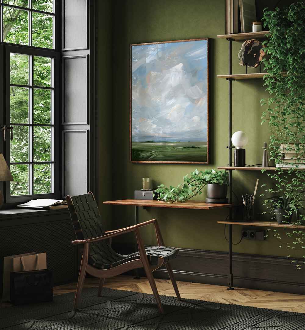 A serene room showcasing "THIS LAND, ABSTRACT PAINTINGS," featuring evocative landscapes and soothing colors.