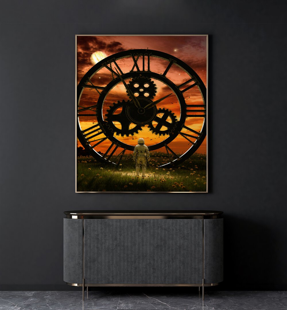 Time By Francis Minoza Astronaut & Nasa Paintings, Space Art Prints Artwork in Gold Plain Frame placed on a Dark Grey Colored Wall placed above a Console Table in the Drawing Room


