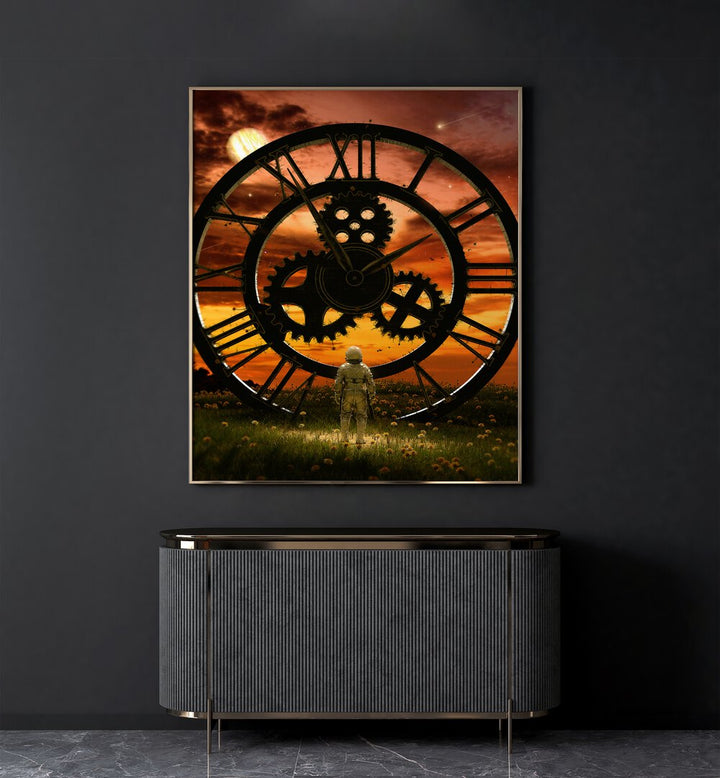 Time By Francis Minoza Astronaut & Nasa Paintings, Space Art Prints Artwork in Gold Plain Frame placed on a Dark Grey Colored Wall placed above a Console Table in the Drawing Room


