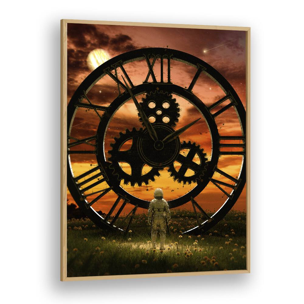 Time By Francis Minoza Astronaut & Nasa Paintings, Space Art Prints Artwork in Oak Wood Plain Frame
